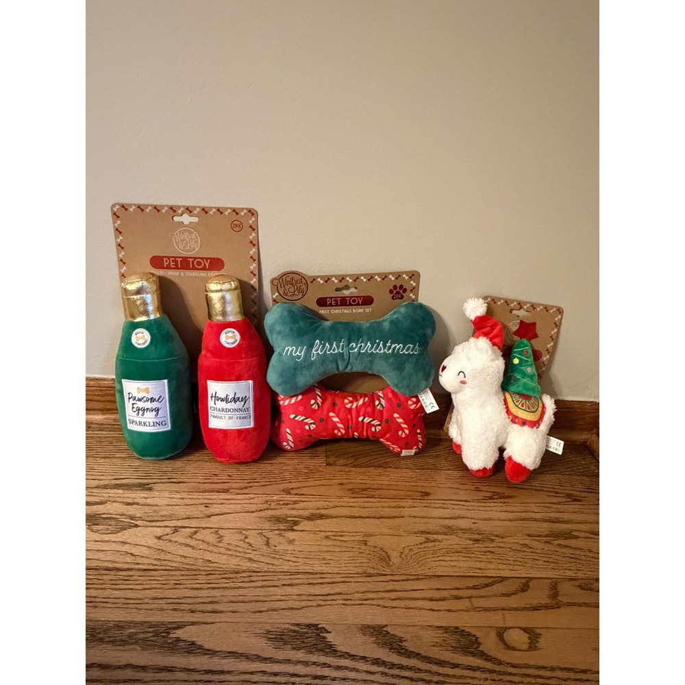 Winifred & Lily Christmas Dog Toy Bundle 5pc My First Christmas Llama Wine Bones